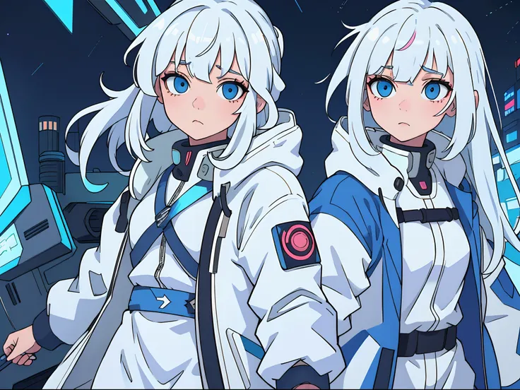 1girl,mecha girl ,Albino, cute, white hair, blonde hair, beautiful, long hair, blue eyes, wearing a parka jacket, cyberpunk jacket, hair with a ribbon,night light ((8k, UHD, ultra realistic))