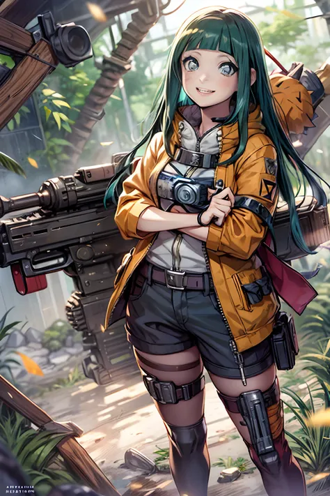 (tmasterpiece), (top-quality), realisticlying, ciinematic light, ((Narutos Hinata smiling with a machine gun)),  Posing with sexual overtones, Battlefield Background, the perfect body, Ahegao、