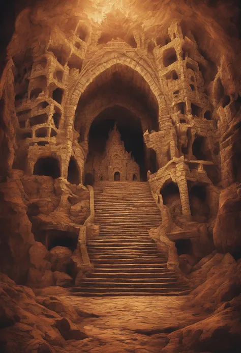 giant sweeping ziggurat in a massive underground cavern, with a strange architectural design that looks like anything found in Europe or South America