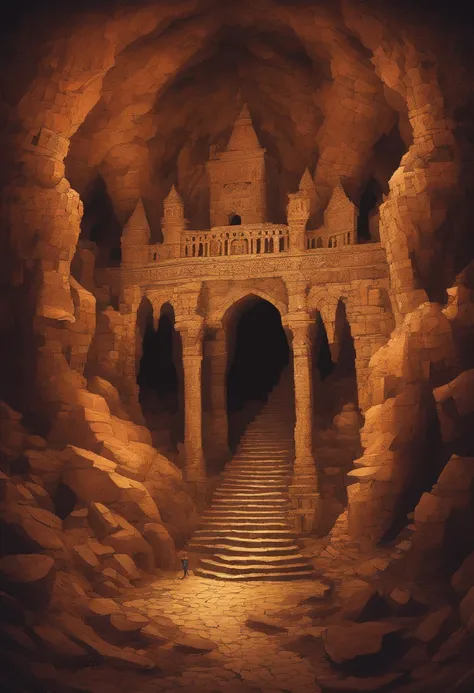 giant sweeping ziggurat in a massive underground cavern, with a strange architectural design that looks like anything found in Europe or South America