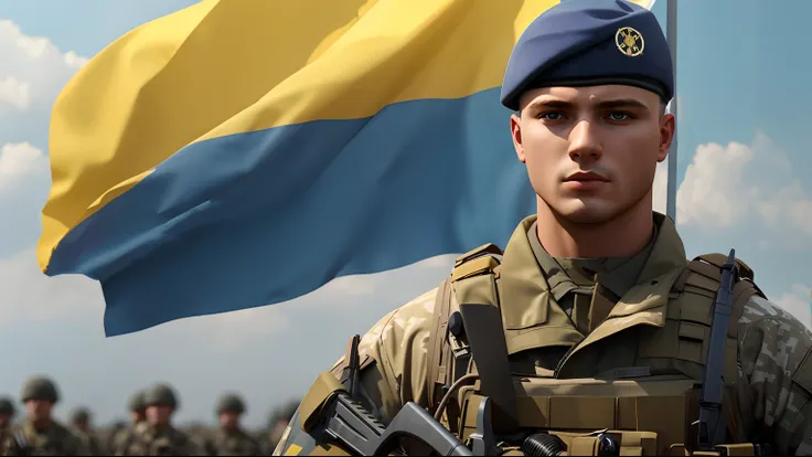 There is a man in uniform with a flag, Ukrainian flag on the left side, Ukrainian, I was in Ukraine, Realistic soldiers, Ukraine, soldier, Ukramna, Volodymyr Battalion, The Male Soldier , soldier, based on Carl Gustav Pilo, Portrait "Iron Hearts"