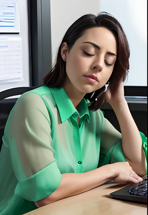 masterpiece, lifelike upper body image of AubreyPlaza, wearing a green blouse, photo realistic, highly detailed, detailed face, resting bitch face, dramatic lighting, detailed eyes, sitting behind desk asleep, asleep at her work, sleeping, eyes closed, ((h...