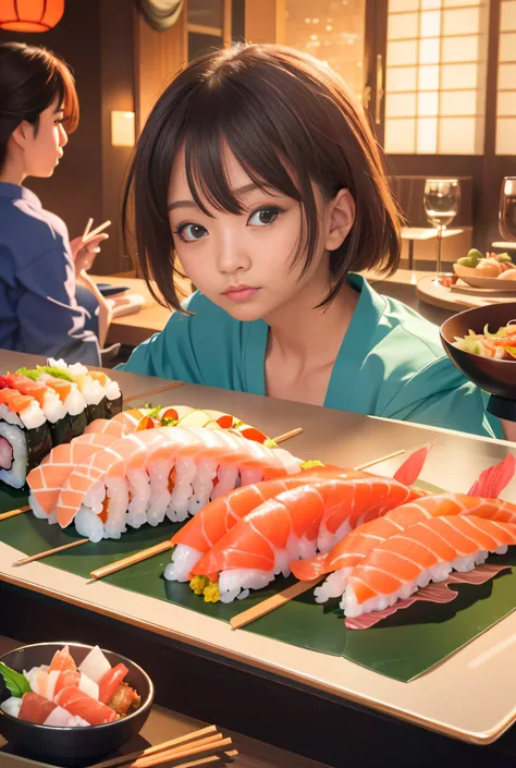 RAW image quality、8K分辨率、Ultra-high-definition CG images、Girl sitting at table with sushi、