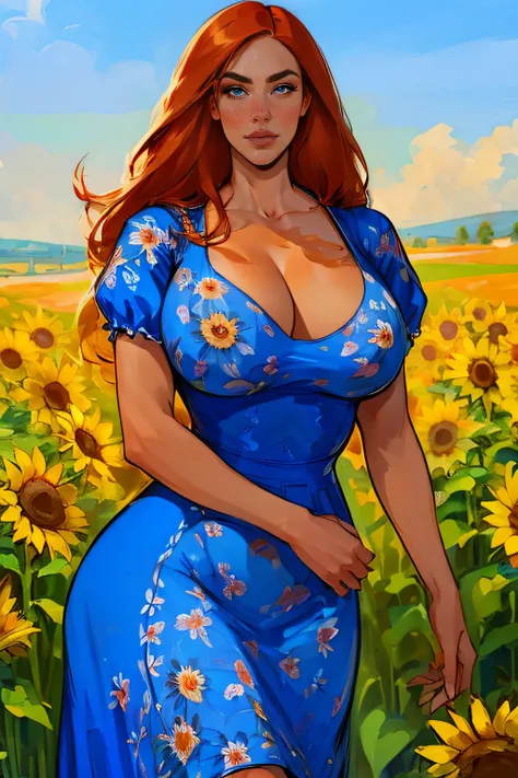 ((Masterpiece)), beautiful, super model, 1 Girl, large Boobs, long hair, orange hair, bangs, sharp nose, Perfect Body, straight eyebrows, pointed chin, wide hips, (( blue summer dress, floral pattern)), (sultry expression), Sunflower field