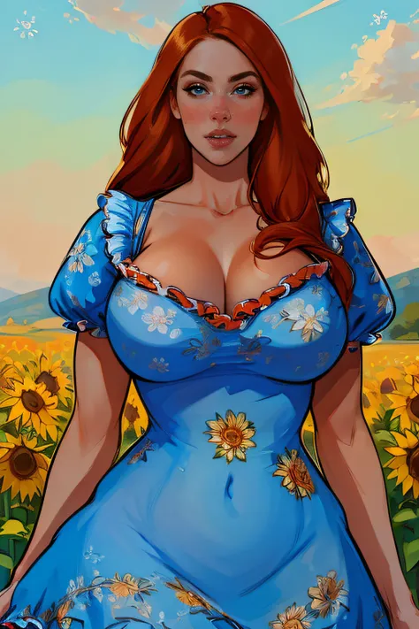 ((Masterpiece)), beautiful, super model, 1 Girl, large Boobs, long hair, orange hair, bangs, sharp nose, Perfect Body, straight eyebrows, pointed chin, wide hips, (( blue summer dress, floral pattern, frills)), (sultry expression), Sunflower field