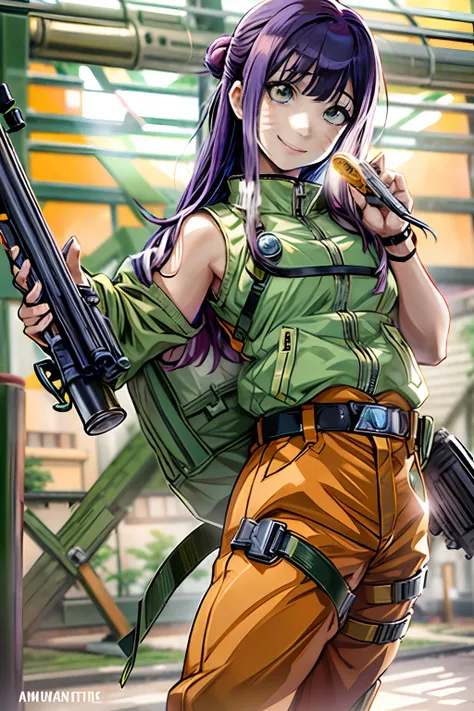 (tmasterpiece), (top-quality), realisticlying, ciinematic light, ((Narutos Hinata smiling with a machine gun)),  Posing with sexual overtones, Battlefield Background, the perfect body, Ahegao、