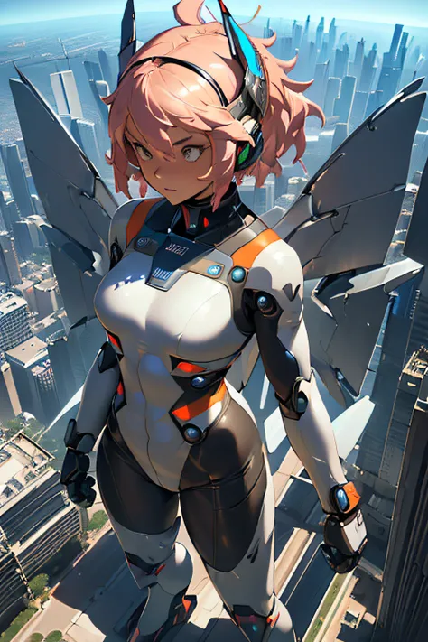 (Girl in high tech bodysuit flying over the city of the future:1.5), (Futuristic city:1.5), visor, Headgear, (Little Mecha Wings:1.5), masutepiece, Ultra Detailed CG, Ultra-detailed details, 8K Wallpaper, (Perfect female figure:1.5), Huge natural BR...