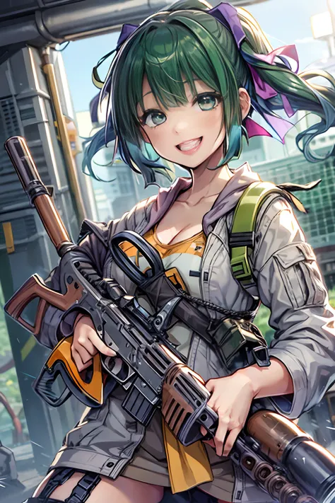 (tmasterpiece), (top-quality), realisticlying, ciinematic light, ((Hinata smiling with a machine gun)),  Posing with sexual overtones, Battlefield Background, the perfect body, Ahegao、