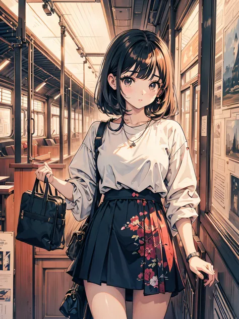 Menina anime sentada em um trem olhando pela janela, retrato bonito do anime, Retrato de Lofi em uma janela, menina anime bonita, Retrato Lofi, menina lofi, menina anime retrato, Arte no estilo de Guweiz, retrato de alta qualidade, with sunset, menina anim...