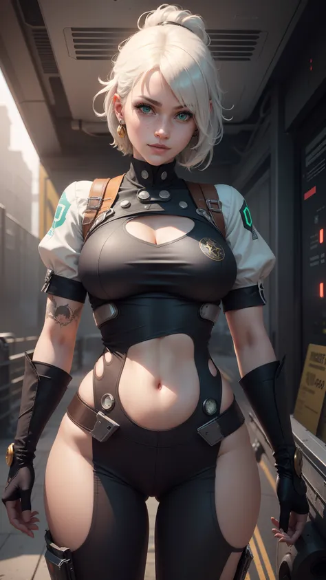 gwen tennyson,tracer,yshtola rhul,yorha 2b,nier automata,overwatch,close up, mecha pilot,space port,tattoos,orange and silver plugsuit,white short sleeve lycra top,steel cargo pants,uncovered belly,short hair,cute makeup,green eyes,dimensional golden hair,...