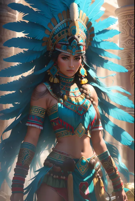 un primer plano de una mujer con un disfraz con plumas, diosa guerrera azteca, retrato de la princesa azteca, reina azteca, guer...