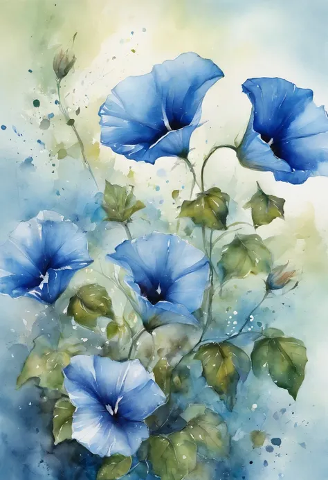 Blue morning glory painting with splatter background and spray paint effect, by Eugeniusz Zak, Watercolor art, by Károly Lotz, Watercolor painting, watercolor painting style, watercolor detailed art, by Reuben Tam, watercolor digital painting, watercolor p...