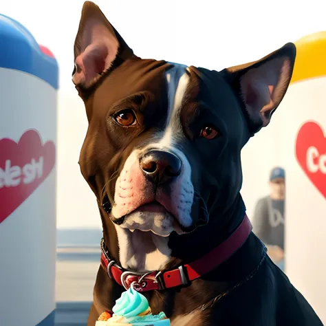 Pitbull with hero face eating ice cream