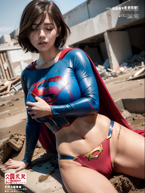 ​masterpiece、Short-haired Supergirl sleeping in the rubble、large full breasts、Looking at the camera、Glossy costume、Crotch、wounded、Mud stains、Covered in mud、Exhausted、Weekly magazine cover