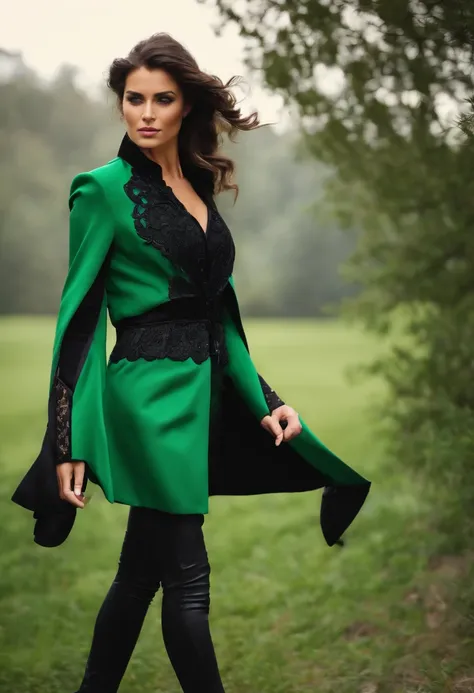 green jacket with black sleeves, front side of the jacket, back side of the jacket