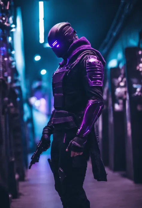 cyberpunked　male people　Half body machine　cyborgs　Full Metal Mask　Near Future Ninja　Awesome assassin　purple tone　Knife in left hand　Lonely heights　Killing Machine　masutepiece　Super beautiful、