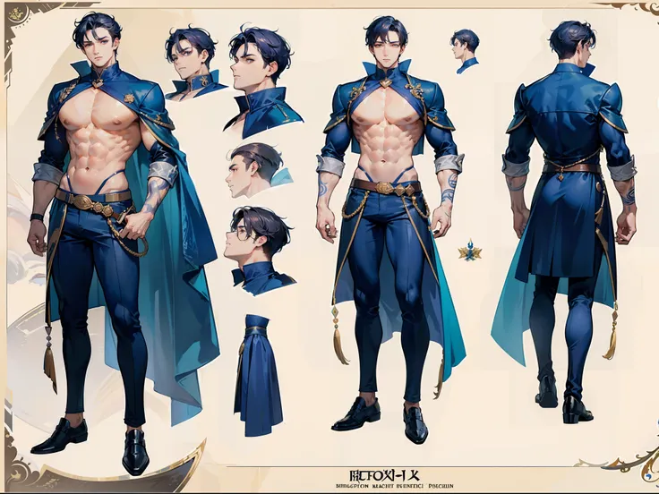 ((Masterpiece, Highest quality)), Detailed face, character design sheet， full bodyesbian, Full of details, frontal body view, back body view, Highly detailed, Depth, Many parts, Muscle boy with brunnete hair，handsome man, navy, commander, man tall, pectora...