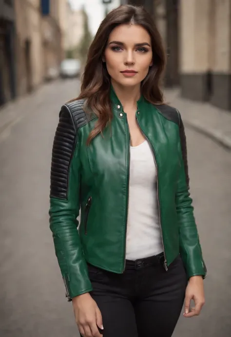 green leather jacket with black sleeves, front zipper, bikers jacket