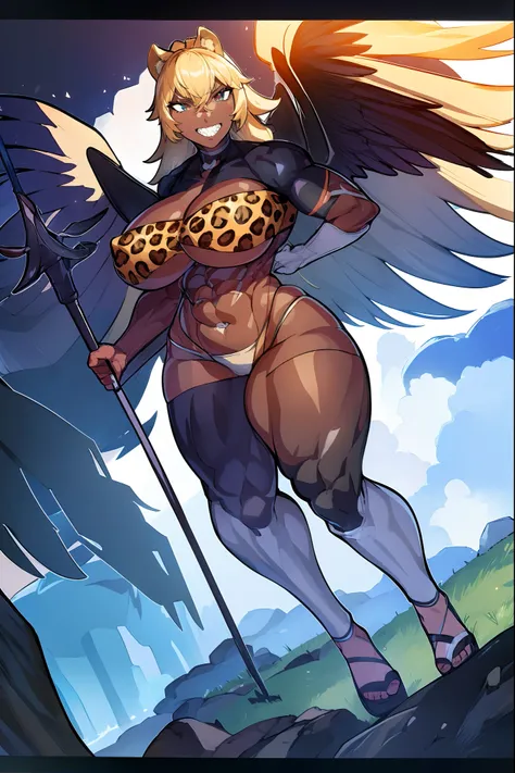 Muscle girl, dark-skinned woman, big chest, wings, happy,, coat jacket, pants, portrait, 1character, full body, walking, ,village, farm, , forest,flipflops,blond hair, revealing cloth, leopard cloths , barbarian,wings, fake animal ears, light smile, ear bl...