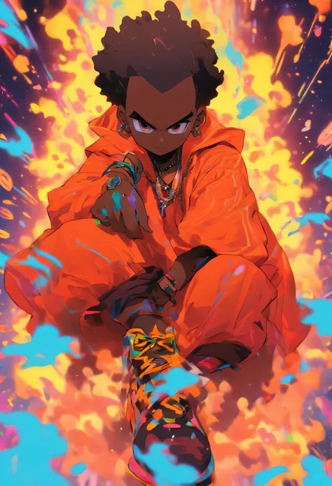 Batboy Boy, Caramel Brown skin Black boy moor, Bald Hairstyle, Streetwear, Full Slime Body, colors neon, risa loca, malvada, Hair::-10