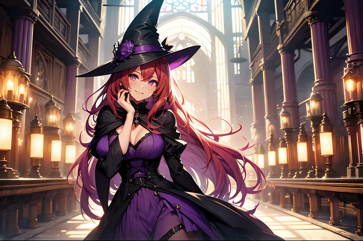 anime, girl, witch, witch hat, red hair, purple witch hat, purple dress, Purple eyes, purple dress, smiling, sensual face, sensual position, lascivious, on a medieval laboratory room, Medieval Laboratory, becker with bubbling  green liquid in the backgroun...