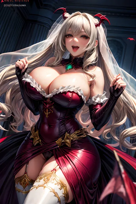 Female vampire in wedding dress, detailed Large canines, Curvaceous body, fully clothed, detailed breasts, cleavage, fangs, giga_busty,