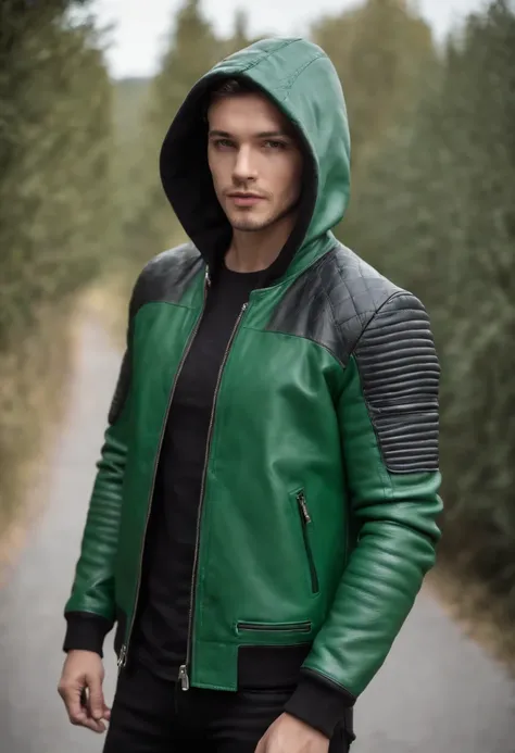 green leather jacket with black sleeves, front zipper, bikers jacket, green back side, black hood, zipper on the sleeves