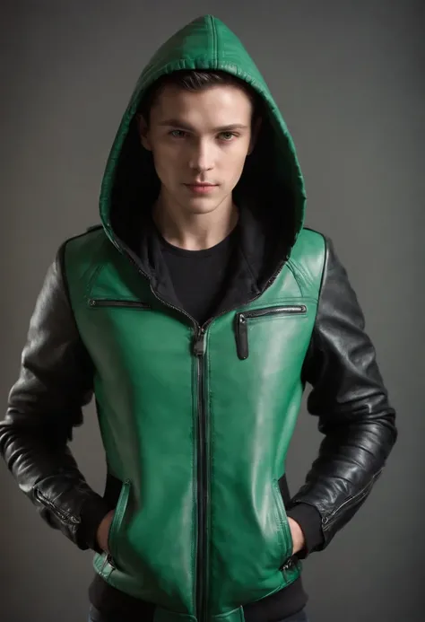 green leather jacket with black sleeves, front zipper, bikers jacket, green back side, black hood, zipper on the sleeves