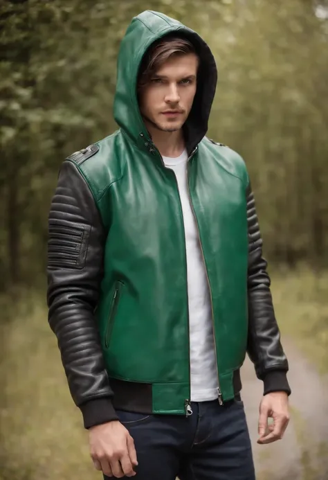 green leather jacket with black sleeves, front zipper, bikers jacket, green back side, black hood, zipper on the sleeves