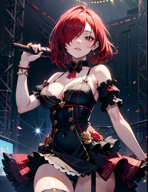 idol, 1girl, mature, big breasts, adult woman, masterpiece, absurd, dressed as a j-idol, delicate colors, illustration, bright colors, beautiful, red eye, red hair, hair over one eye, short hair, live stage