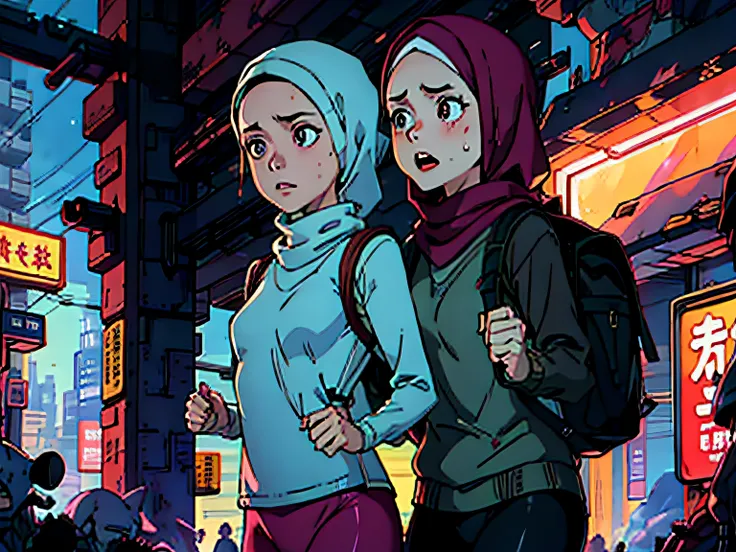 Two malay girl in hijab lost in fantasy jungle, beautiful face, petite body, carry backpack, torn outfit, wear sweater and tight pink leggings, scared face, scared expression and body language, sweating, cinematic lighting, professional photography, ultra ...