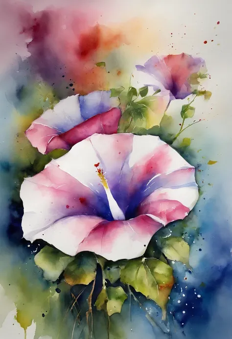 Morning glory painting with splatter background and spray paint effect, by Eugeniusz Zak, Watercolor art, by Károly Lotz, Watercolor painting, watercolor painting style, watercolor detailed art, by Reuben Tam, watercolor digital painting, watercolor paitin...