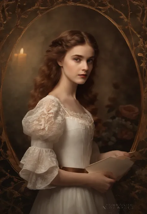 À la Fed image of a girl in a white lace dress and Leonardo da Vinci notes background, stunning young ethereal figure, portrait of a magical girl, portrait of a young witch girl, girl in steampunk clothes, musician girl in lace clothes, Natalia Dyer, Daphn...