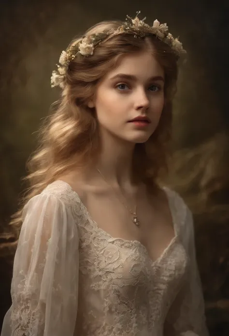 À la Fed image of a girl in a white lace dress and Leonardo da Vinci notes background, stunning young ethereal figure, portrait of a magical girl, portrait of a young witch girl, girl in steampunk clothes, musician girl in lace clothes, Natalia Dyer, Daphn...