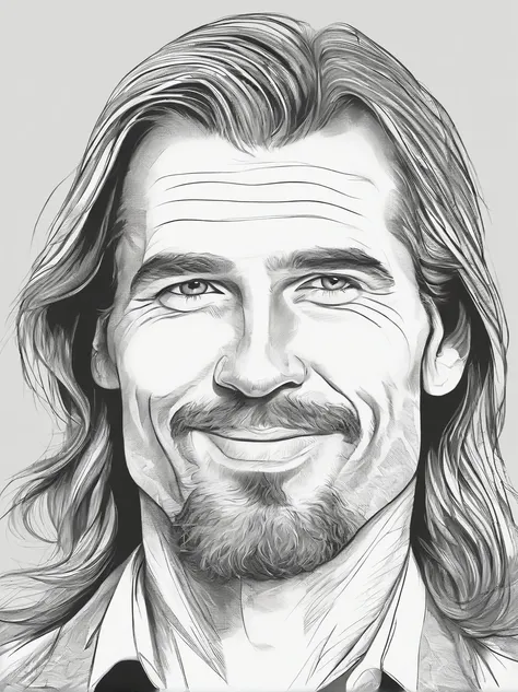 all black and white sketch drawing of a man with very long straight hair, 45 years old, clean-shaven handsome face, charming eyes, slight smile with mouth closed, dressed in a slightly open button-down shirt, highly detailed, fine details, epic art