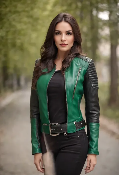 green leather jacket with black sleeves, body hugging back, bikers jacket, green back side, black hood, zipper on the sleeves, black belt in the waist