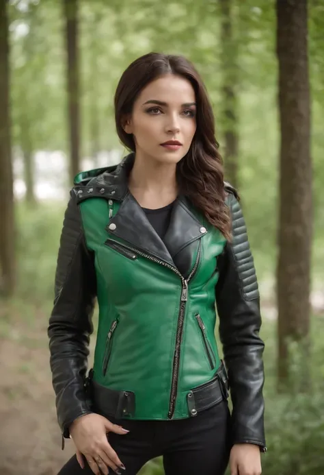 green leather jacket with black sleeves, body hugging back, bikers jacket, green back side, black hood, zipper on the sleeves, black belt in the waist