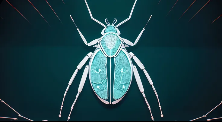 Icon of a bug on blended in a background with fading C++ code. Some white highlights throughout the wireframed bug. Distinct high contrast linework and flat colour. Dominant colours are glowing white and teal. The C++ code is all over the image.