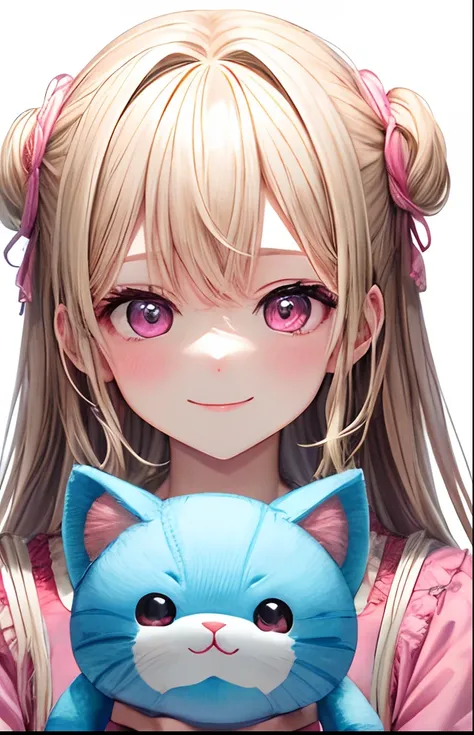 girl with、No background、without background、Background through、White blonde、Pink ash、Pink eyes、Pink eyes、plait、Small double knots、plushies、Stuffed cat、Holding a stuffed animal、Have a stuffed animal、A smile、kawaii、