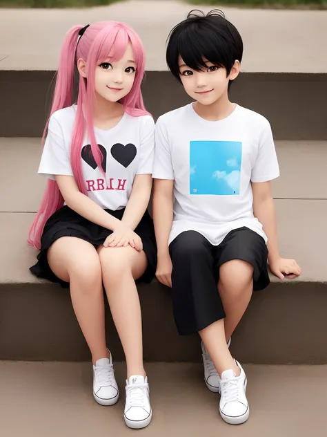 Cute anime couples 14 years boy and girl cute sitting together cute with cute smile
Couples with same dress on t shirt alphabets should be written R and M
Boy age 17 girl age 12
Girl is fatty cute