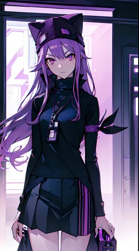 (best quality,4k,highres,masterpiece:1.2),ultra-detailed,cool tall lady with long purple hair, leaning against wall, cat ear beanie,beautiful detailed eyes, anime style, nighttime,neon lights, digital plaza dark data background, ,glowing holograms,confiden...