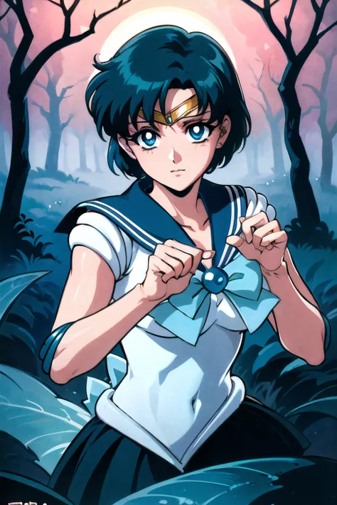 (top-quality:1.3), (​masterpiece:1.4),(Anatomically correct), (Full limbs),(complete fingers),(Precise fingertips), (Fine details),(8K),Sailor Moon!!!!!!!!, Sailor Moon Style,by Sailor Moon, Sailor Senshi Uniform,(Sailor Mercury:1.25),aqua eyes, Dark green...