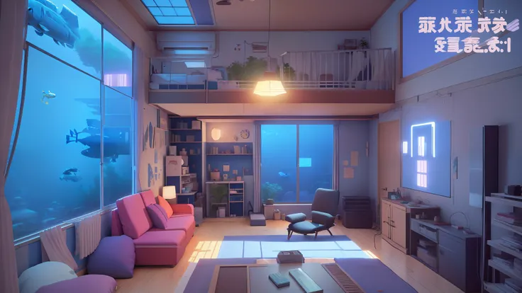 anime scene of a living room with a big fish tank, bedroom in studio ghibli, lofi artstyle, atey ghailan 8 k, inspired by Atey Ghailan, 3 d render beeple, indoor scene, personal room background, relaxing concept art, cozy home background, realistic anime 3...