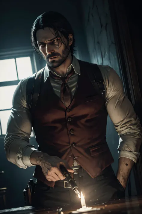 detetive homem em 1800 investigando um manocomio,The Evil Within, tragedia e muito sangue ,Sombrio e misterioso cena de terror , corpo inteiro, warm lighting, hyper realistic, foto realista, ambiente muito detalhado,