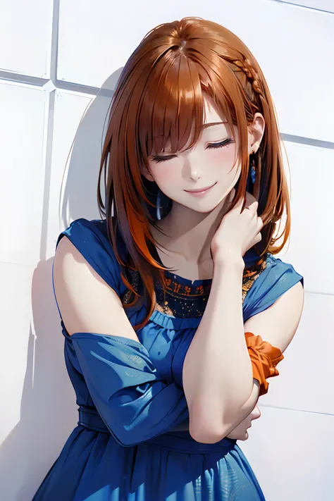 (Best Quality, 8K, Oil Painting, masutepiece:1.2), Ultra-detailed, (Realistic, Photorealistic:1.37), (((bustshot)))、(((bright orange hair)))、(((Wearing a gorgeous blue dress)))、(((upperbody shot)))、(((wearing a blue dress)))、(((２０Women of a certain age)))、...