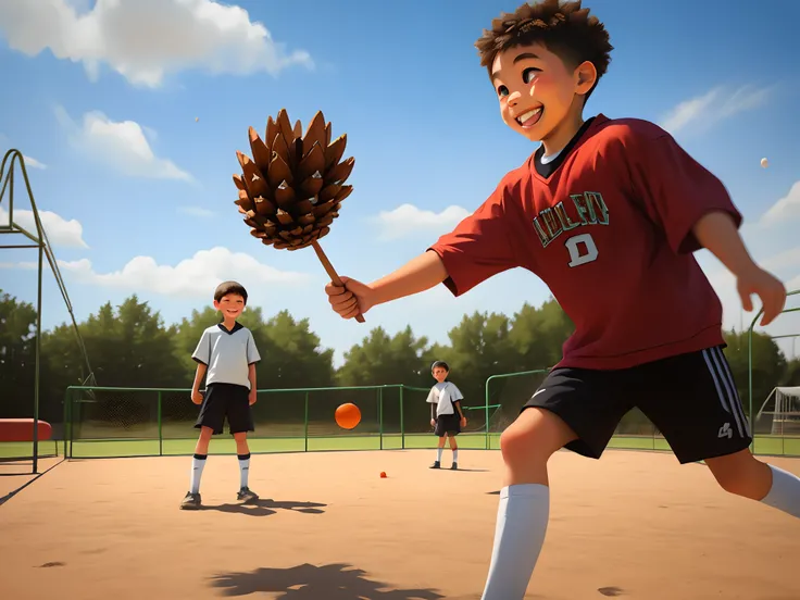 Middle school Kid holding pinecone ready to throw with a mean grin at a recess playground.