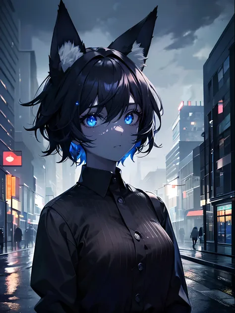 (masterpiece,best quality,ultra-detailed),1girl,black shirt,(colored skin,blue skin),(fox ears),short hair,messy hairstyle,black hair, beautiful and detailed, detailed eyes,in a city,cloudy, night,(grey theme),looking at viewer