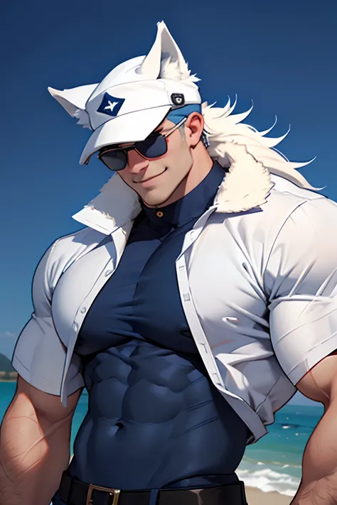 A very muscular white wolf wearing a mute navy-blue cap and black sunglasses and smiling, massive, hunk, BIG pecs, wearing a tight mute navy-blue shirt.