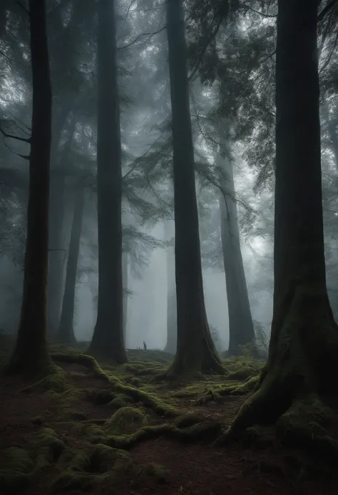 A gloomy forest with giant trees and beings hidden among the branches, homem negro com cabelos brancos e barba curta, olhos brancos brilhantes, 8k, alta qualidade