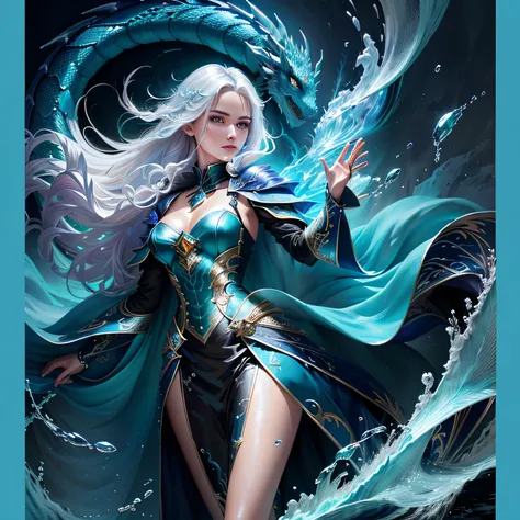 (("DRAGON WIZARD MASTER CHARACTER")) COM ROUPAS PRETAS E UMA ENERGIA PRETA, BLUE AND NEON WITH WATER ALL AROUND YOU IN HIGH DEFINITION 8K VOGUE COVER